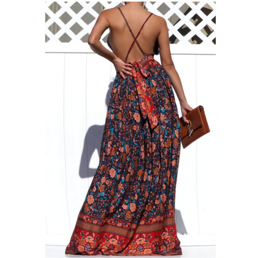 Boho Gypsy Floral Print Open Back Maxi Dress Bohemian Chic Long Dress - Picture 3 of 8